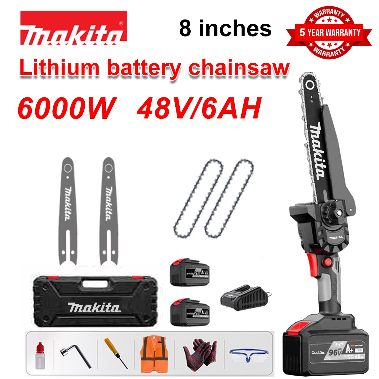 [Normal Model/5 Years Warranty] 8 Inch 6000W Lithium Electric Saw, 48V Battery*2, Charger, Guide Plate*2, Chain*2, Tool Box, Lubricant and Goggles